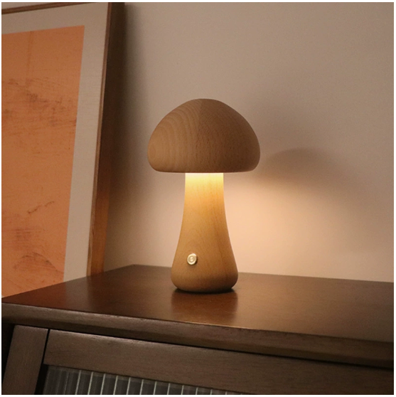 Wooden Mushroom Night Light – Natural Wood, USB, Touch | Loam & Linen