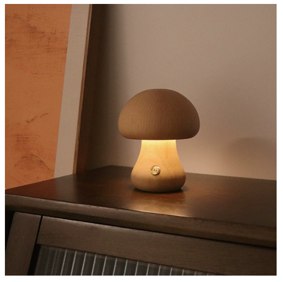 Wooden Mushroom Night Light – Natural Wood, USB, Touch | Loam & Linen