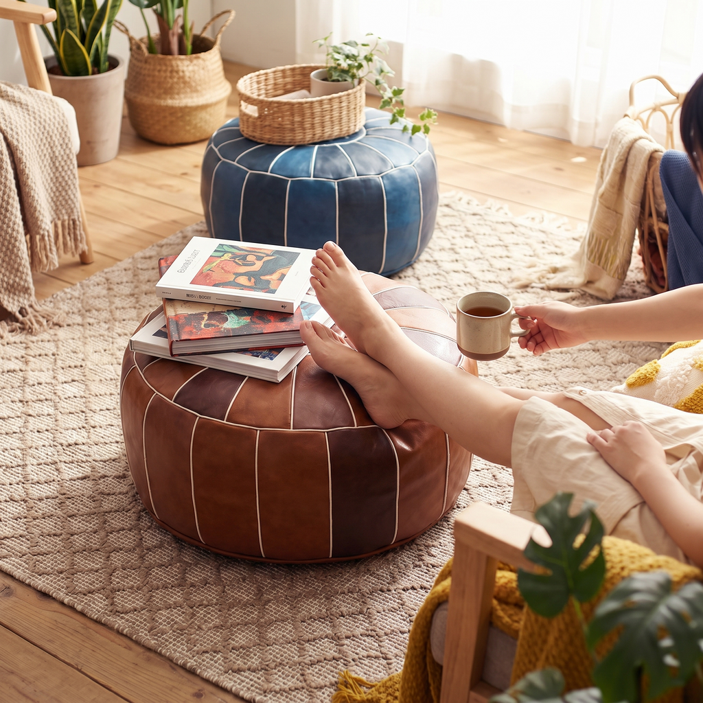 Nordic Moroccan Leather Pouf