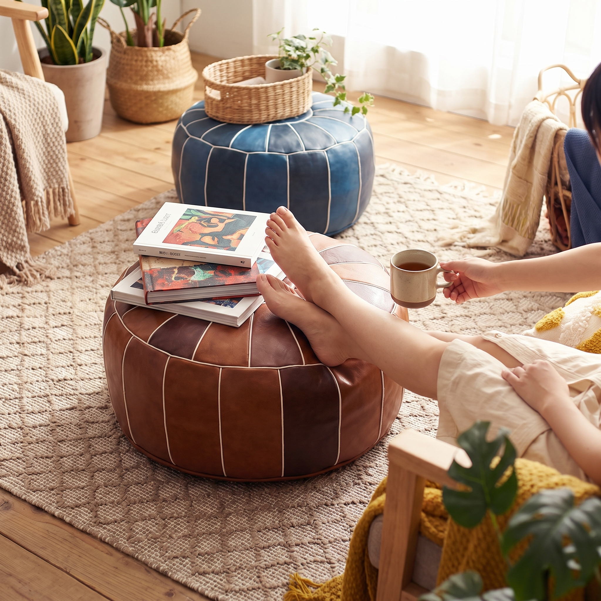 Nordic Moroccan Leather Pouf