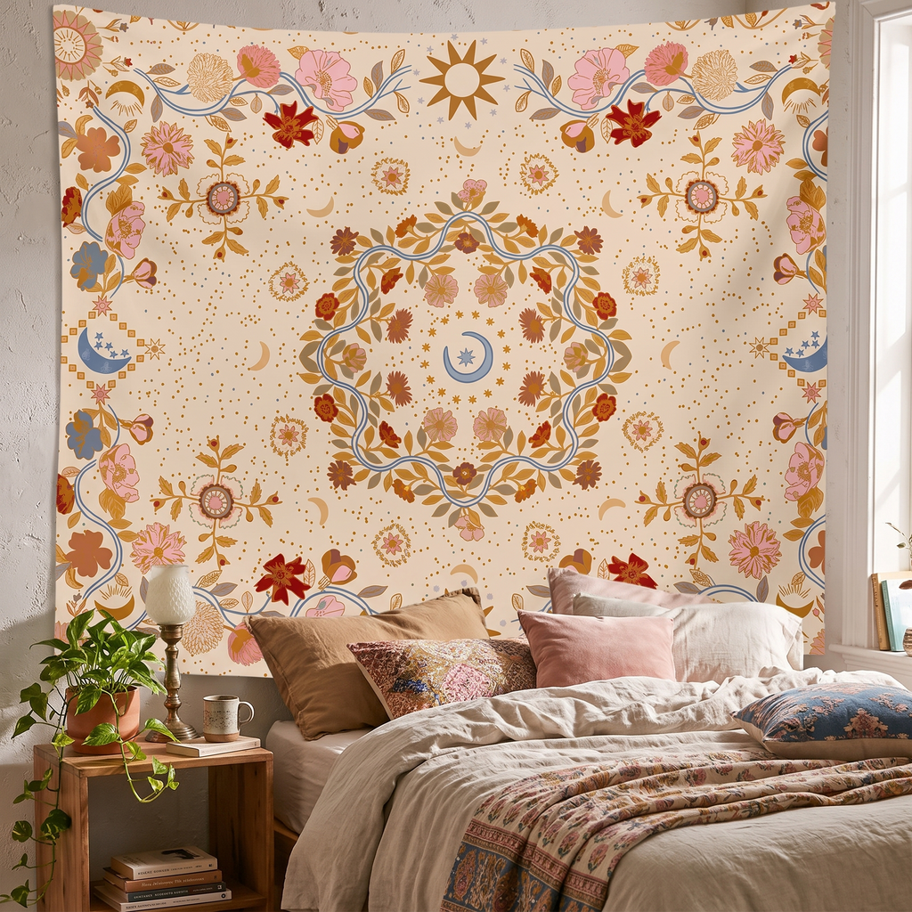 Boho Sun Moon Stars Wall Tapestry