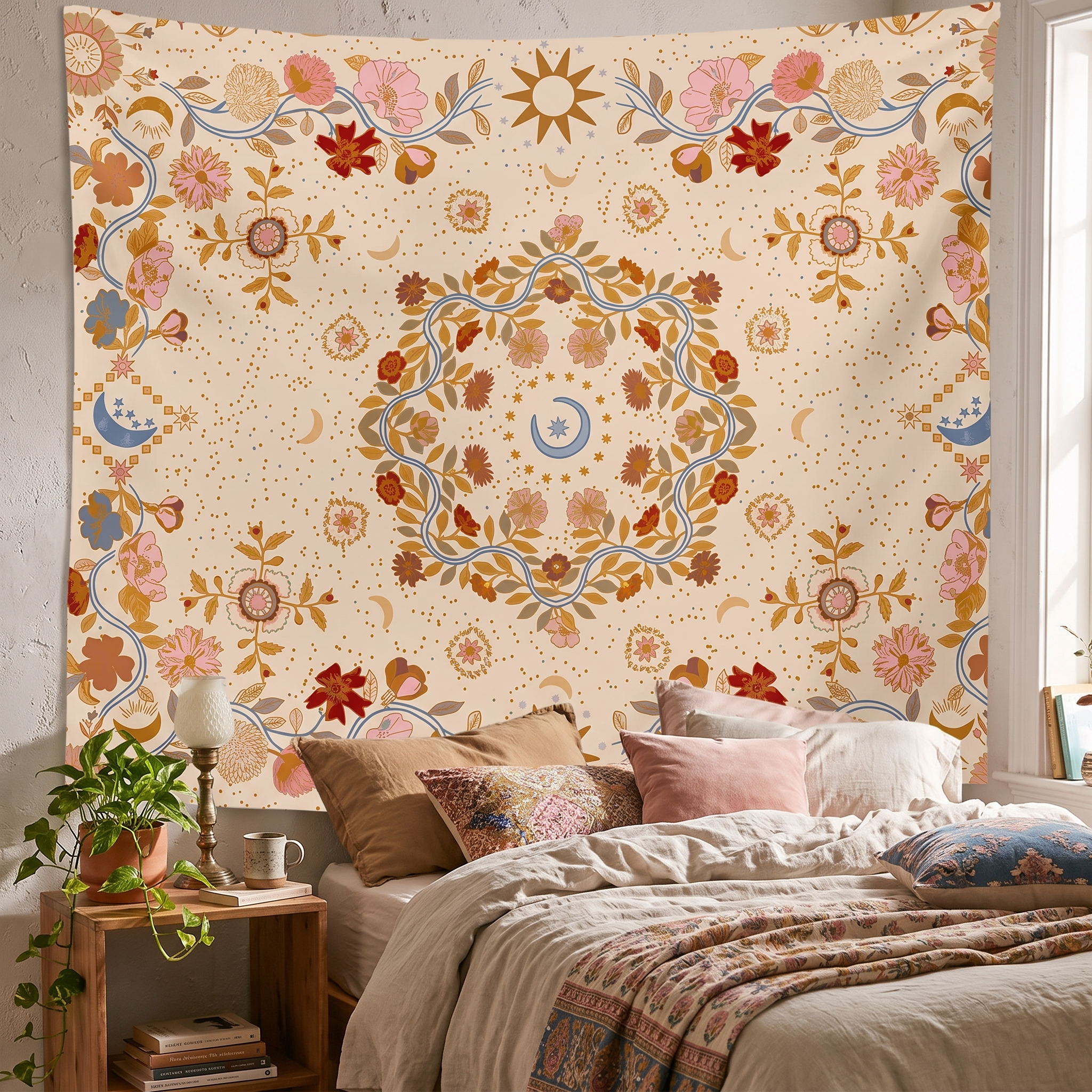 Boho Sun Moon Stars Wall Tapestry