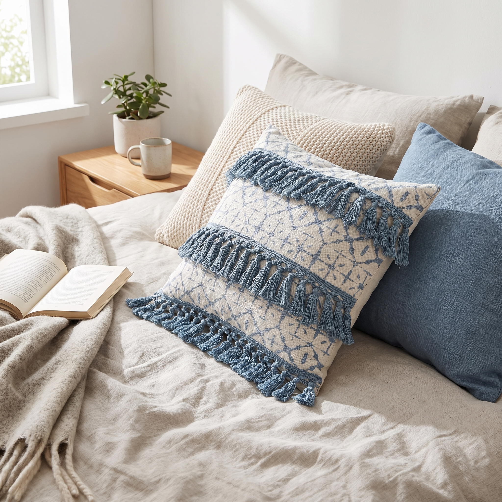 Tufted Cotton Throw Pillow Cover with Tassels